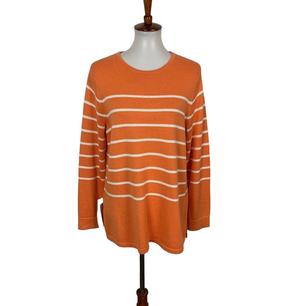 J Jill Striped Knit Sweater Pullover Orange White Lightweight Casual Comfy M